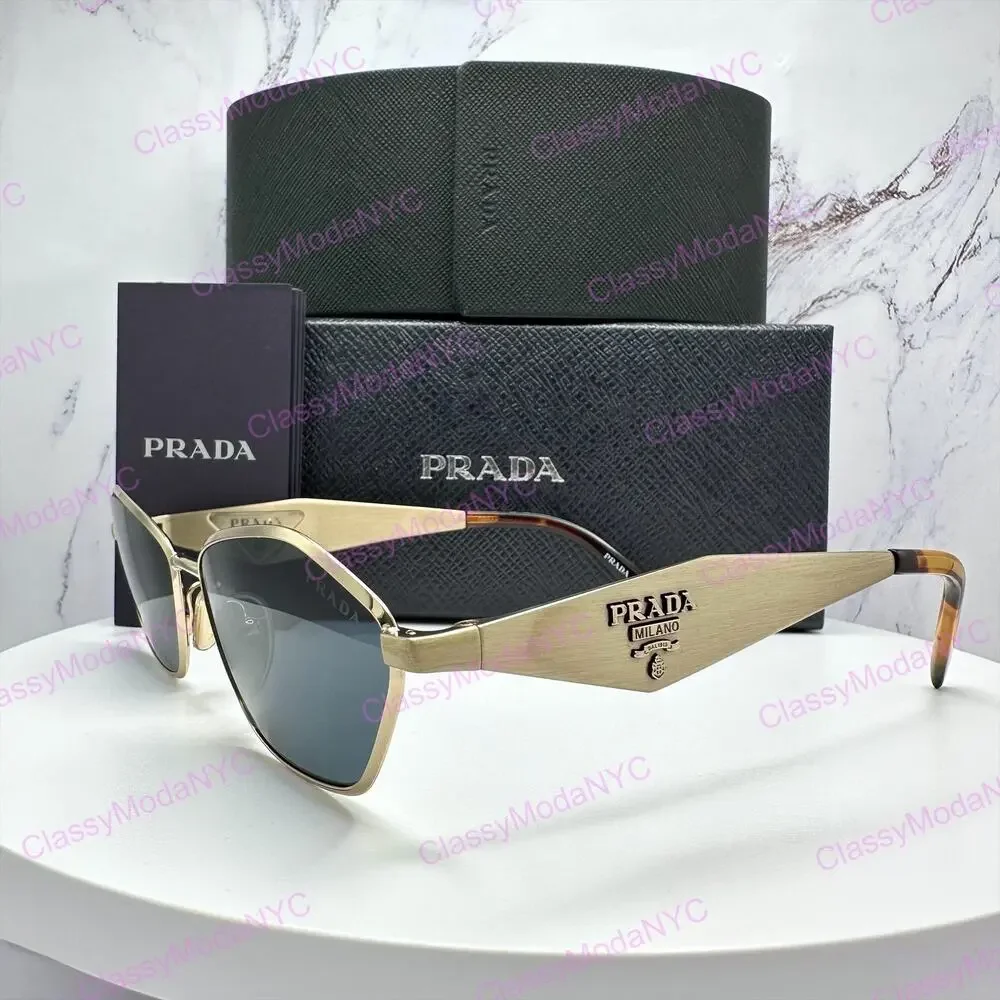 New PRADA Sunglasses Gold Metal 3D Logo Aviator Cat Eye Womens PRD50S ZVN70B